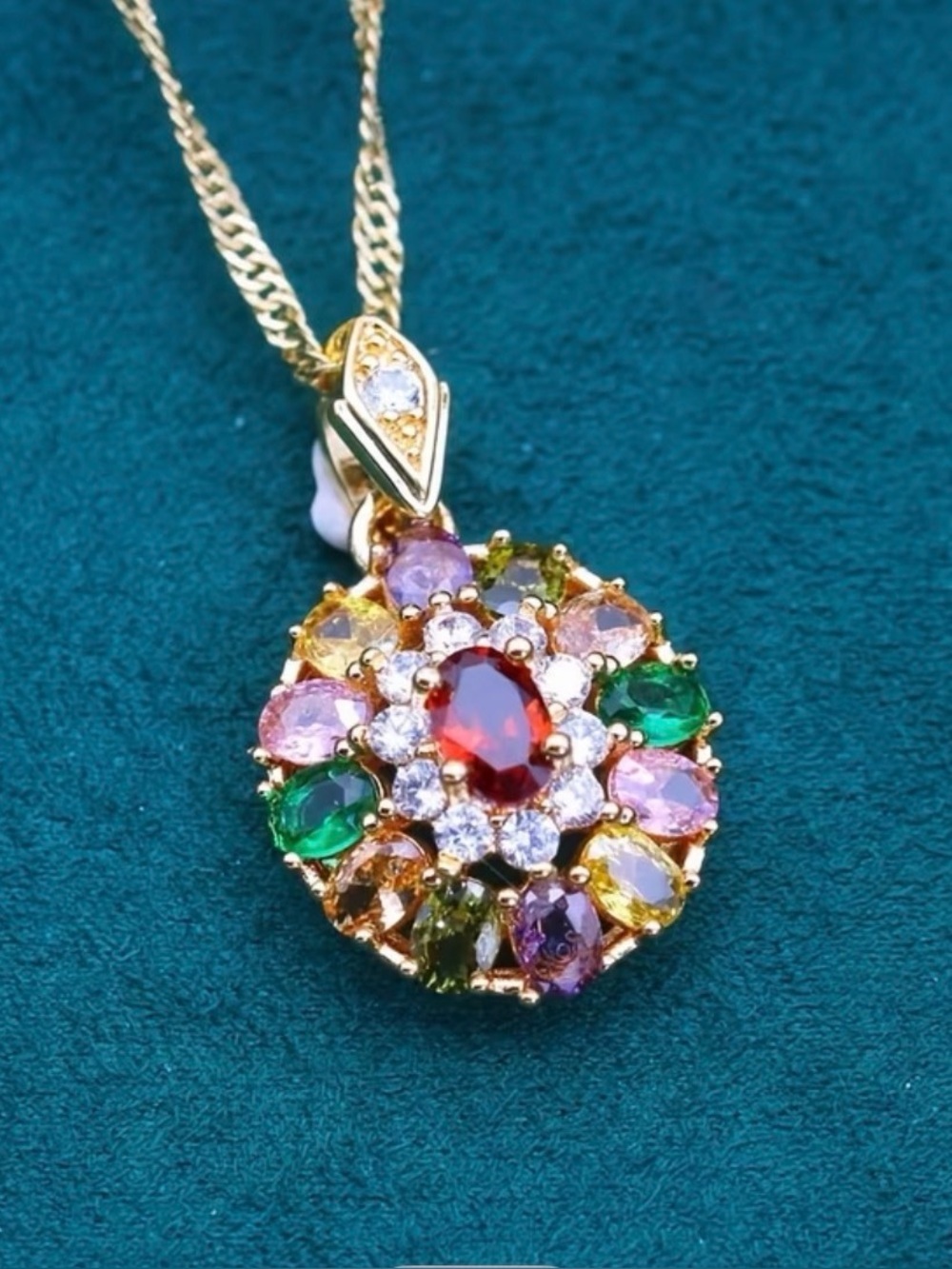 Multicolor Gemstone Floral Pendant Necklace.